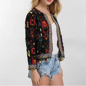 Boho Floral Artisan Open-Front Cropped Jacket